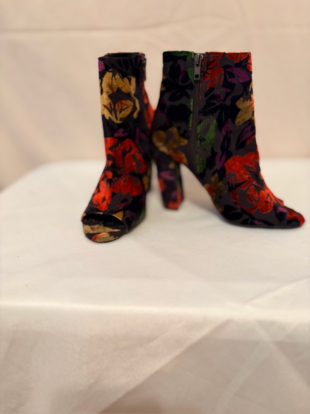 Floral Velvet Booties with eye-catching open peep-toe and vibrant floral pattern